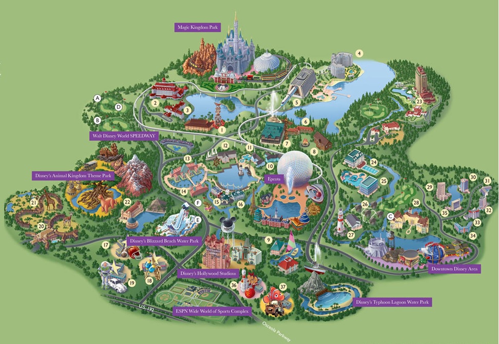 Mapa de todos os parques da Disney